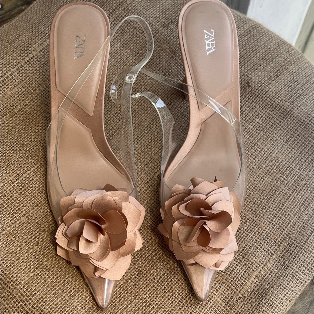 Zara Women's Clear and Tan Floral Heels